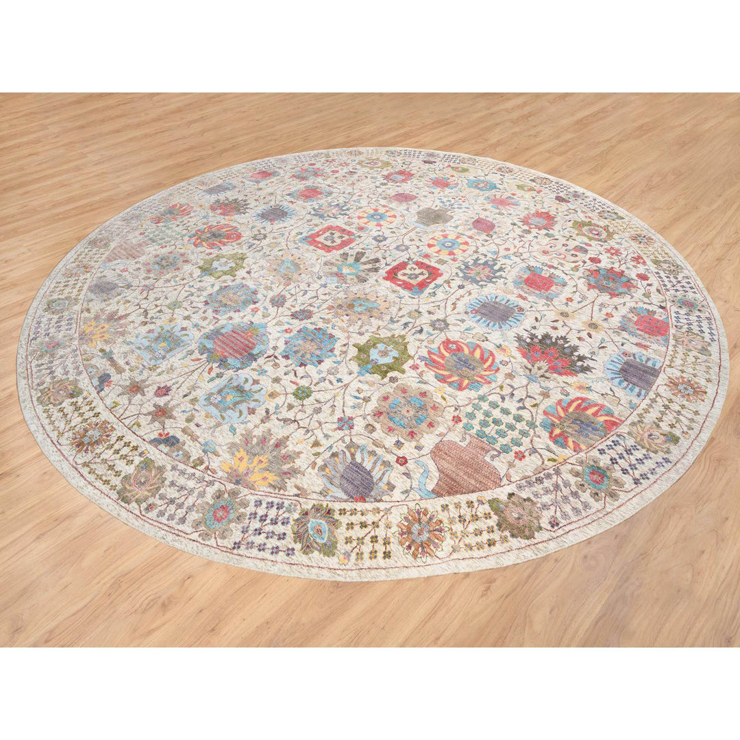 14'0" x 14'0" New Hand Knotted Multicolored Wool & Silk Round Oriental Rug - MOA10264912