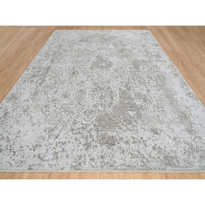 11'9" x 15'0" New Hand Knotted Grey Wool & Silk Rectangle Oriental Rug - MOA10265039