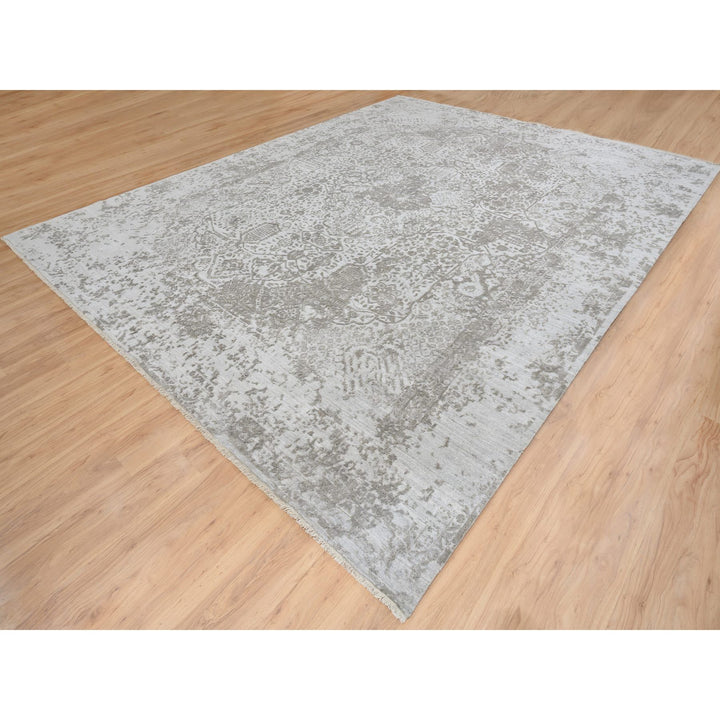 11'9" x 15'0" New Hand Knotted Grey Wool & Silk Rectangle Oriental Rug - MOA10265039