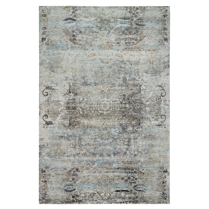 11'9" x 18'1" New Hand Knotted Grey Wool & Silk Rectangle Oriental Rug - MOA10265179