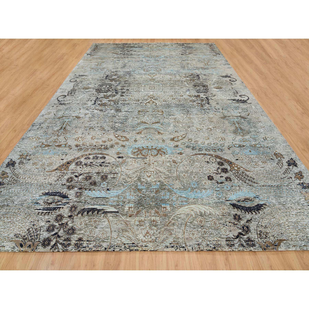 11'9" x 18'1" New Hand Knotted Grey Wool & Silk Rectangle Oriental Rug - MOA10265179