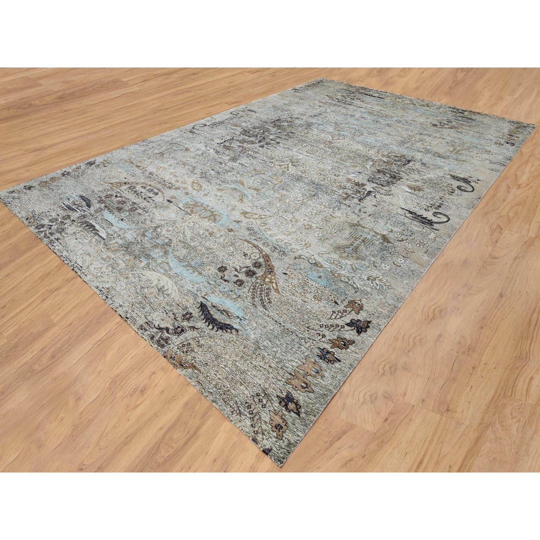 11'9" x 18'1" New Hand Knotted Grey Wool & Silk Rectangle Oriental Rug - MOA10265179