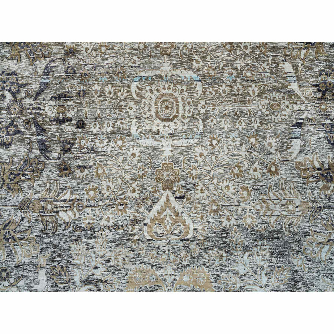 11'9" x 18'1" New Hand Knotted Grey Wool & Silk Rectangle Oriental Rug - MOA10265179