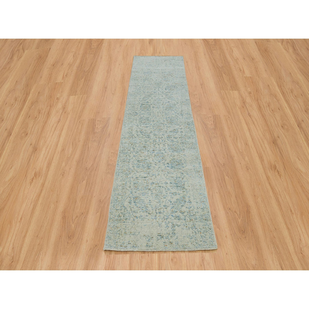 2'6" x 10'0" New Hand Loomed Blue Wool & Silk Runner Oriental Rug - MOA10265192