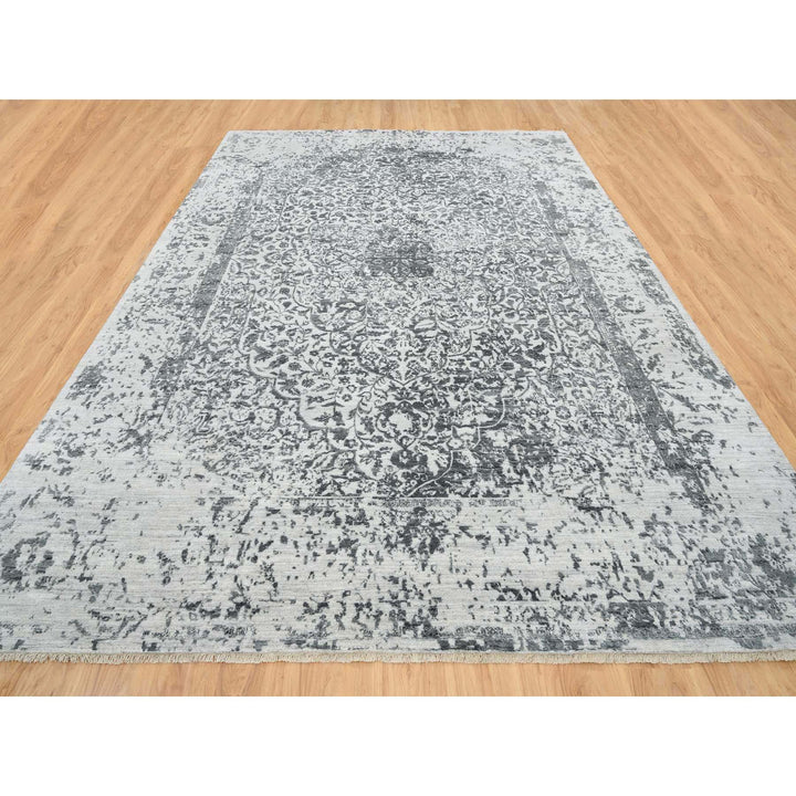 9'10" x 14'0" New Hand Knotted Grey Wool & Silk Rectangle Oriental Rug - MOA10265206