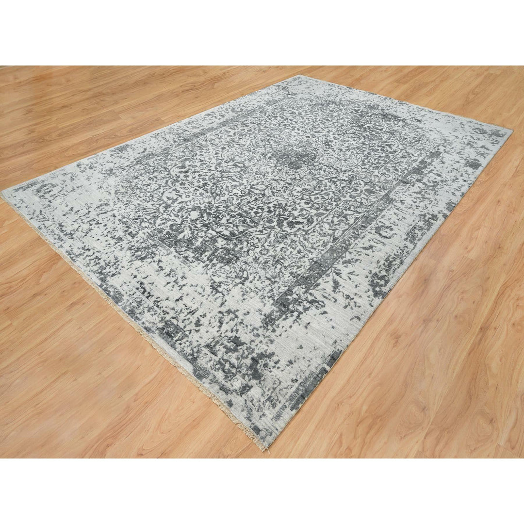 9'10" x 14'0" New Hand Knotted Grey Wool & Silk Rectangle Oriental Rug - MOA10265206