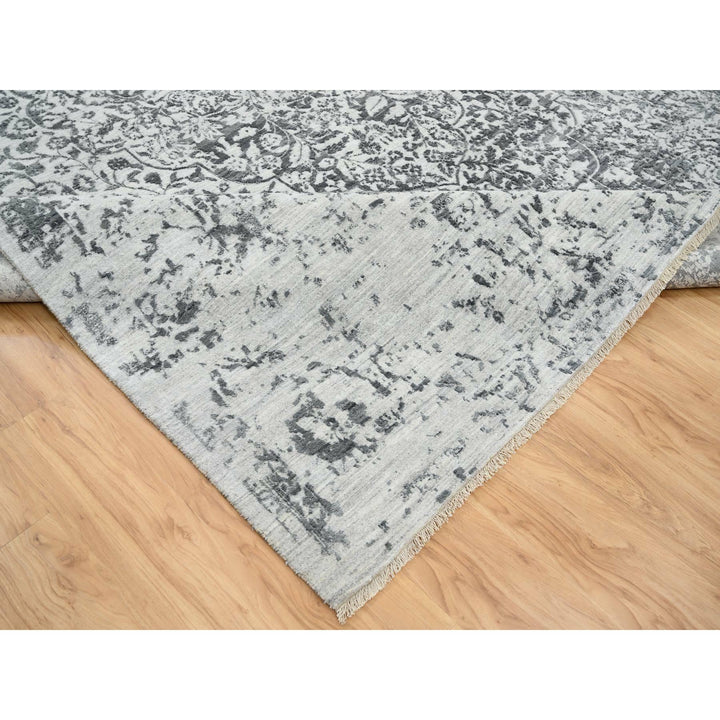 9'10" x 14'0" New Hand Knotted Grey Wool & Silk Rectangle Oriental Rug - MOA10265206