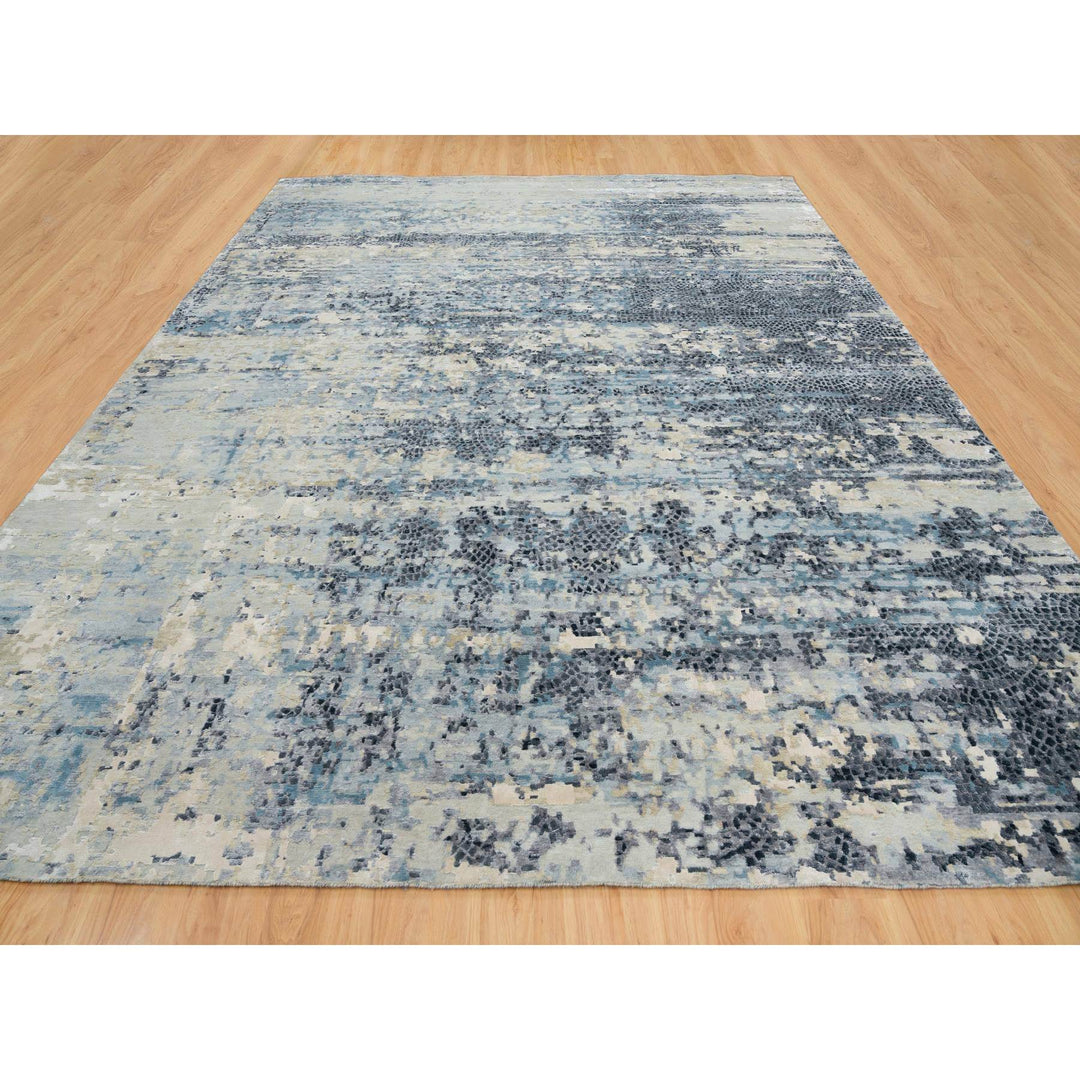 11'10" x 14'10" New Hand Knotted Blue Wool & Silk Rectangle Oriental Rug - MOA10265447