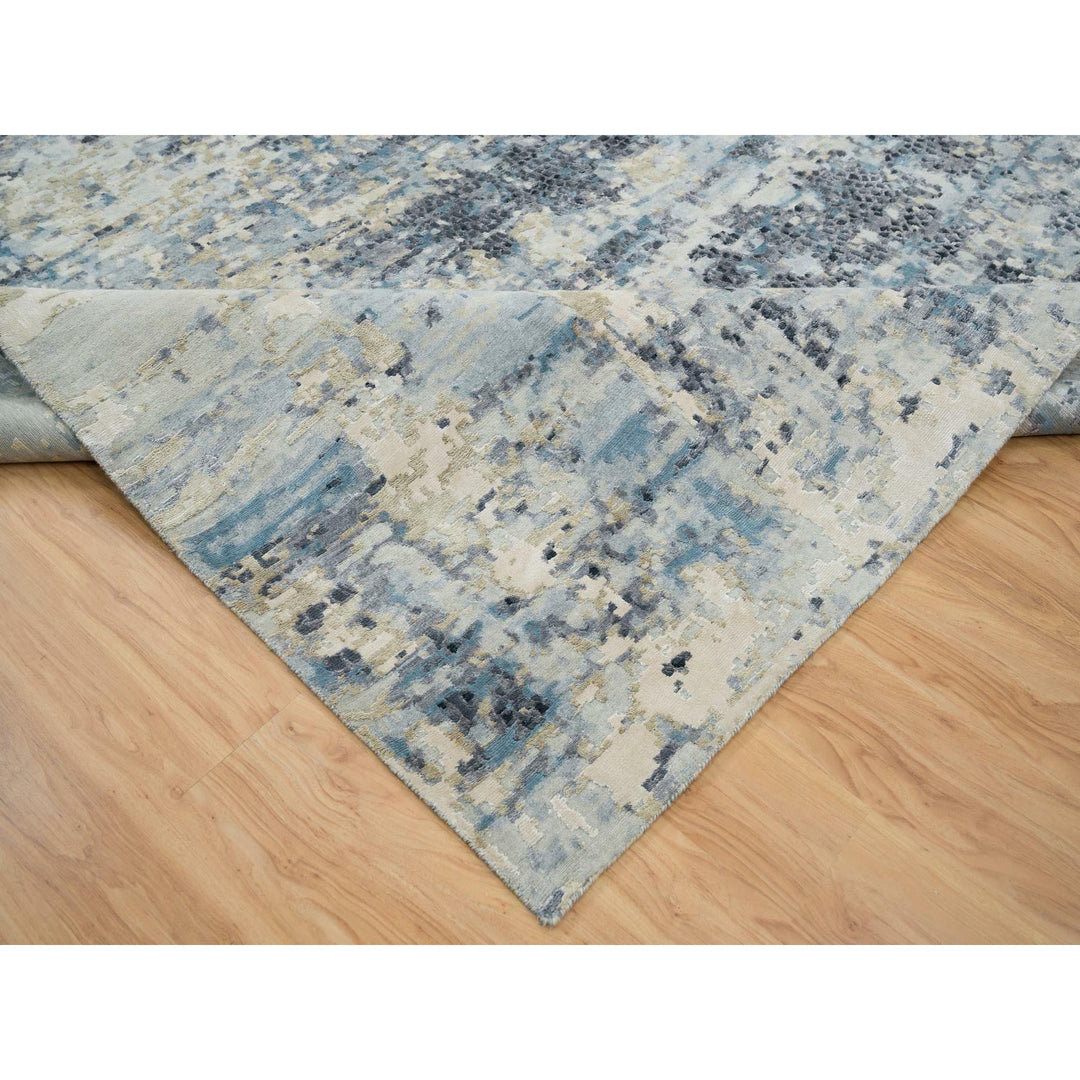 11'10" x 14'10" New Hand Knotted Blue Wool & Silk Rectangle Oriental Rug - MOA10265447