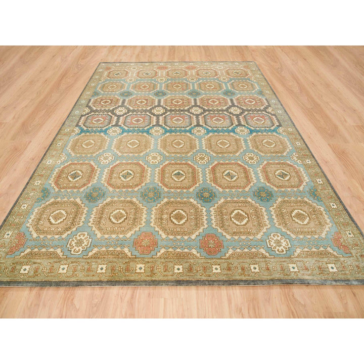 9'1" x 12'1" New Hand Knotted Green Wool Rectangle Oriental Rug - MOA10265543