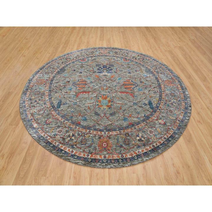 9'9" x 9'9" New Hand Knotted Brown Wool & Silk Round Oriental Rug - MOA10265544