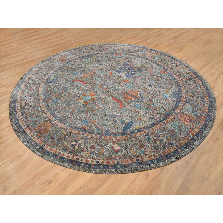 9'9" x 9'9" New Hand Knotted Brown Wool & Silk Round Oriental Rug - MOA10265544