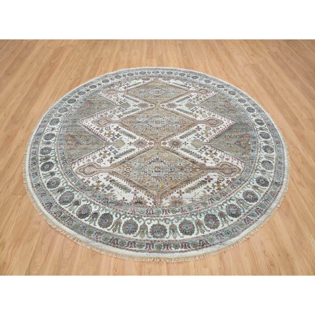 9'9" x 9'9" New Hand Knotted Ivory Wool Round Oriental Rug - MOA10265589