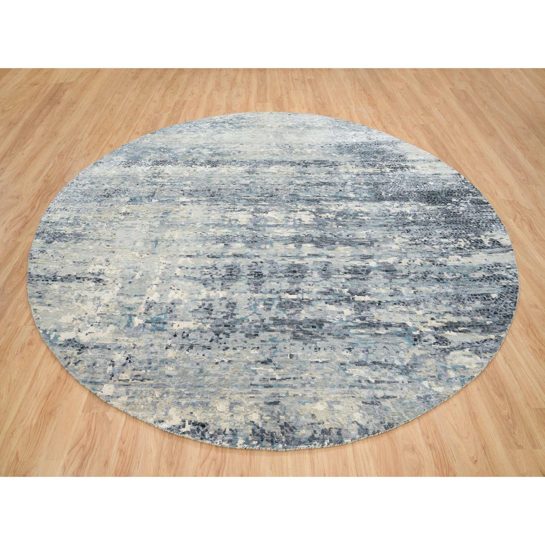 11'6" x 11'6" New Hand Knotted Blue Wool & Silk Round Oriental Rug - MOA10265635