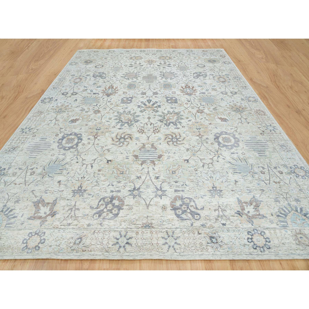 12'0" x 15'5" New Hand Knotted Ivory Wool & Silk Rectangle Oriental Rug - MOA10265683