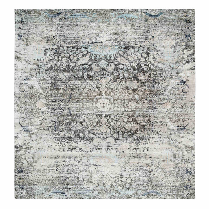 11'9" x 12'3" New Hand Knotted Grey Wool & Silk Square Oriental Rug - MOA10265689