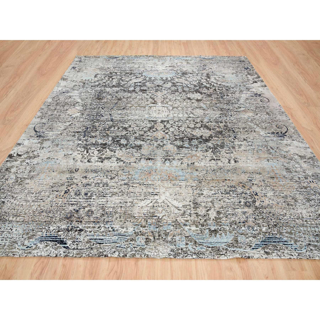 11'9" x 12'3" New Hand Knotted Grey Wool & Silk Square Oriental Rug - MOA10265689