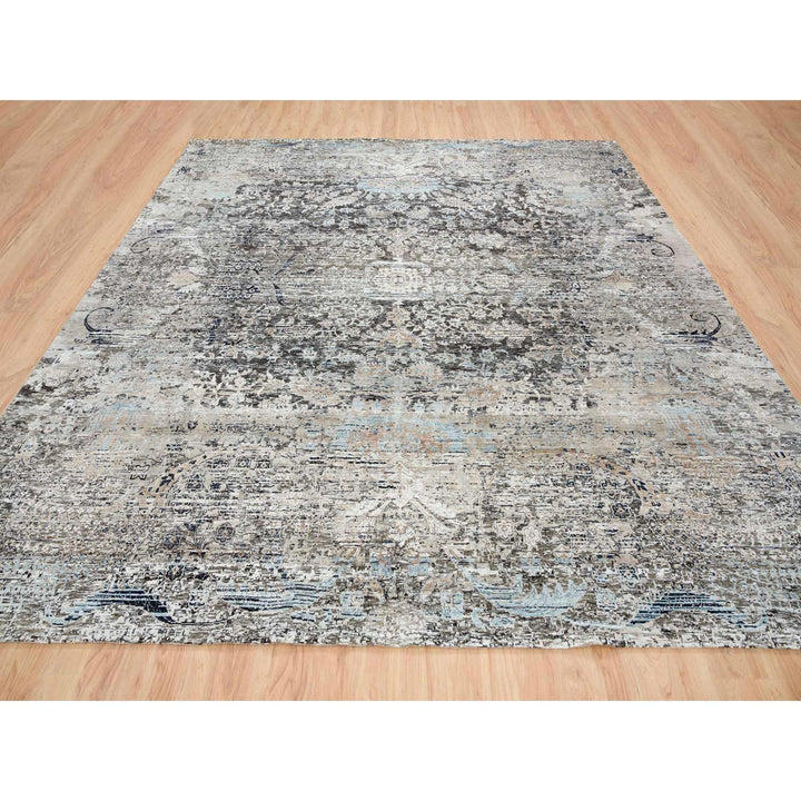 11'9" x 12'3" New Hand Knotted Grey Wool & Silk Square Oriental Rug - MOA10265689