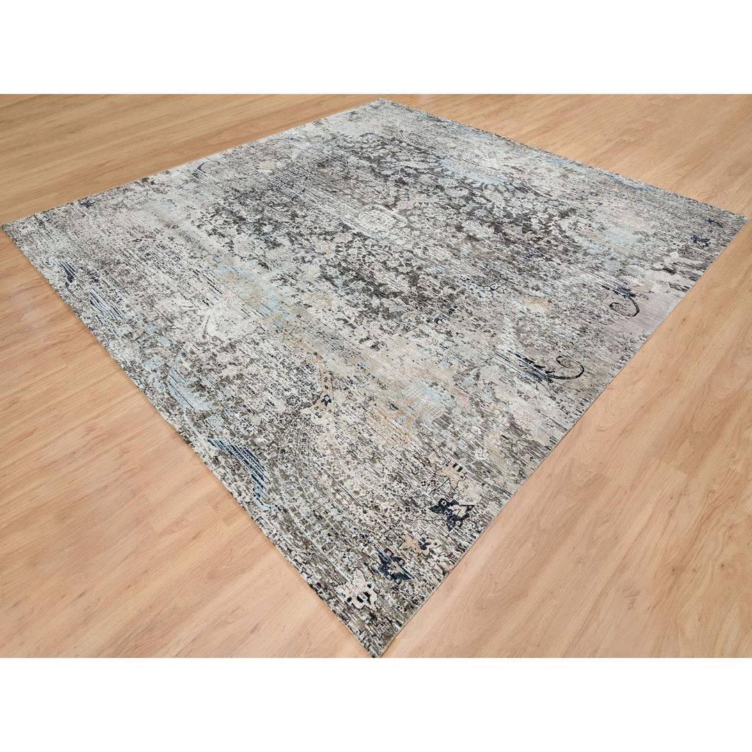 11'9" x 12'3" New Hand Knotted Grey Wool & Silk Square Oriental Rug - MOA10265689