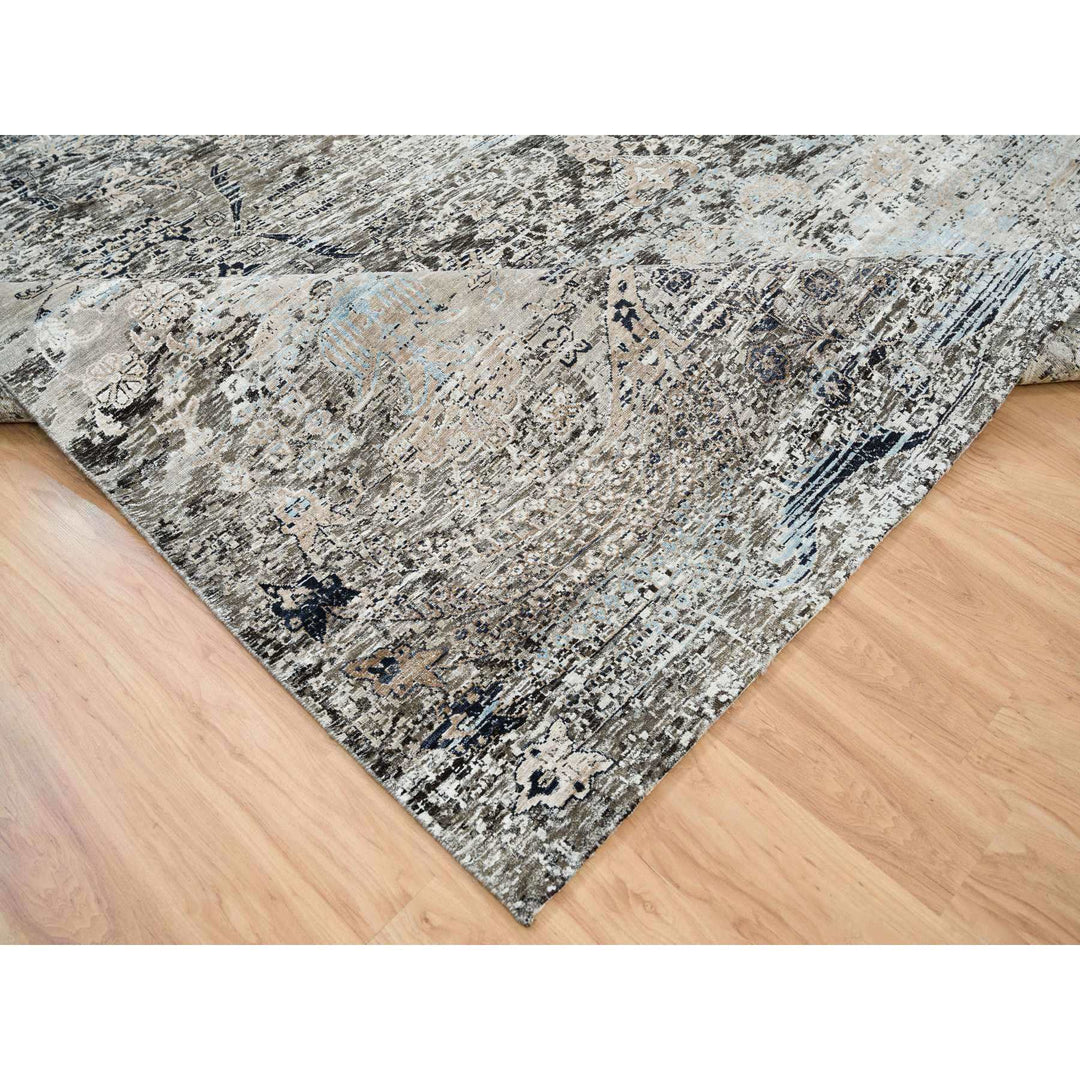 11'9" x 12'3" New Hand Knotted Grey Wool & Silk Square Oriental Rug - MOA10265689