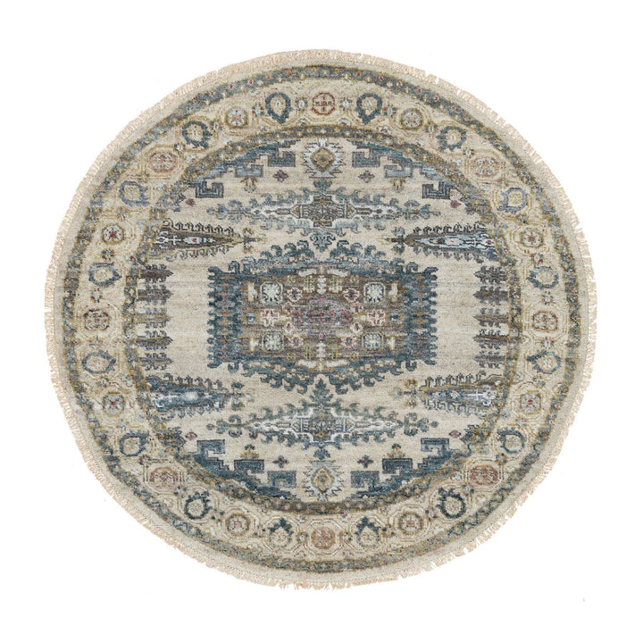 4'11" x 4'11" New Hand Knotted Ivory Wool Round Oriental Rug - MOA10265825