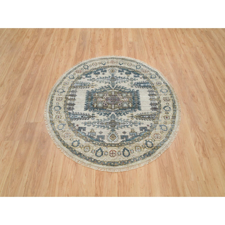 4'11" x 4'11" New Hand Knotted Ivory Wool Round Oriental Rug - MOA10265825