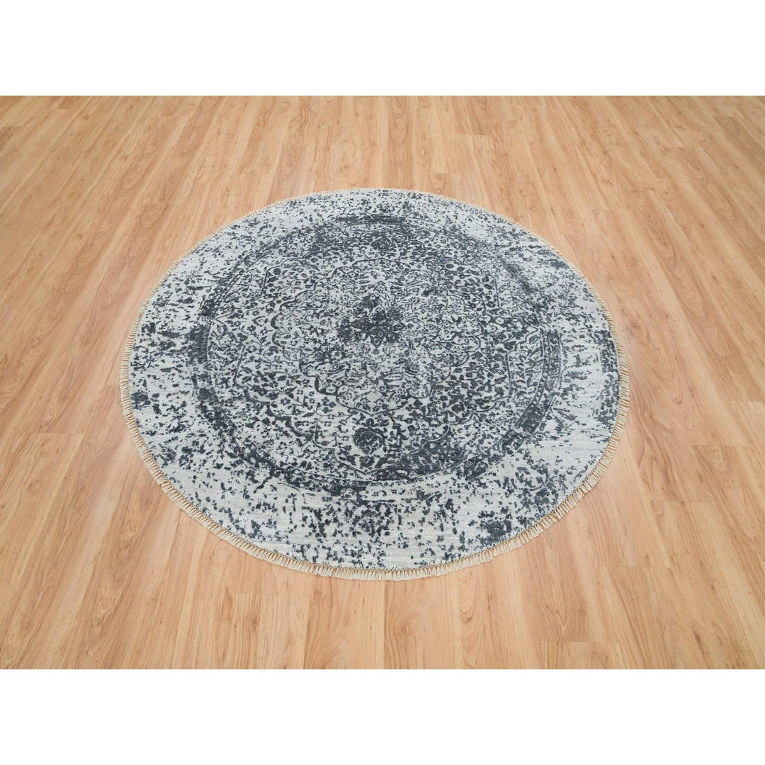 5'11" x 5'11" New Hand Knotted Grey Wool & Silk Round Oriental Rug - MOA10265829