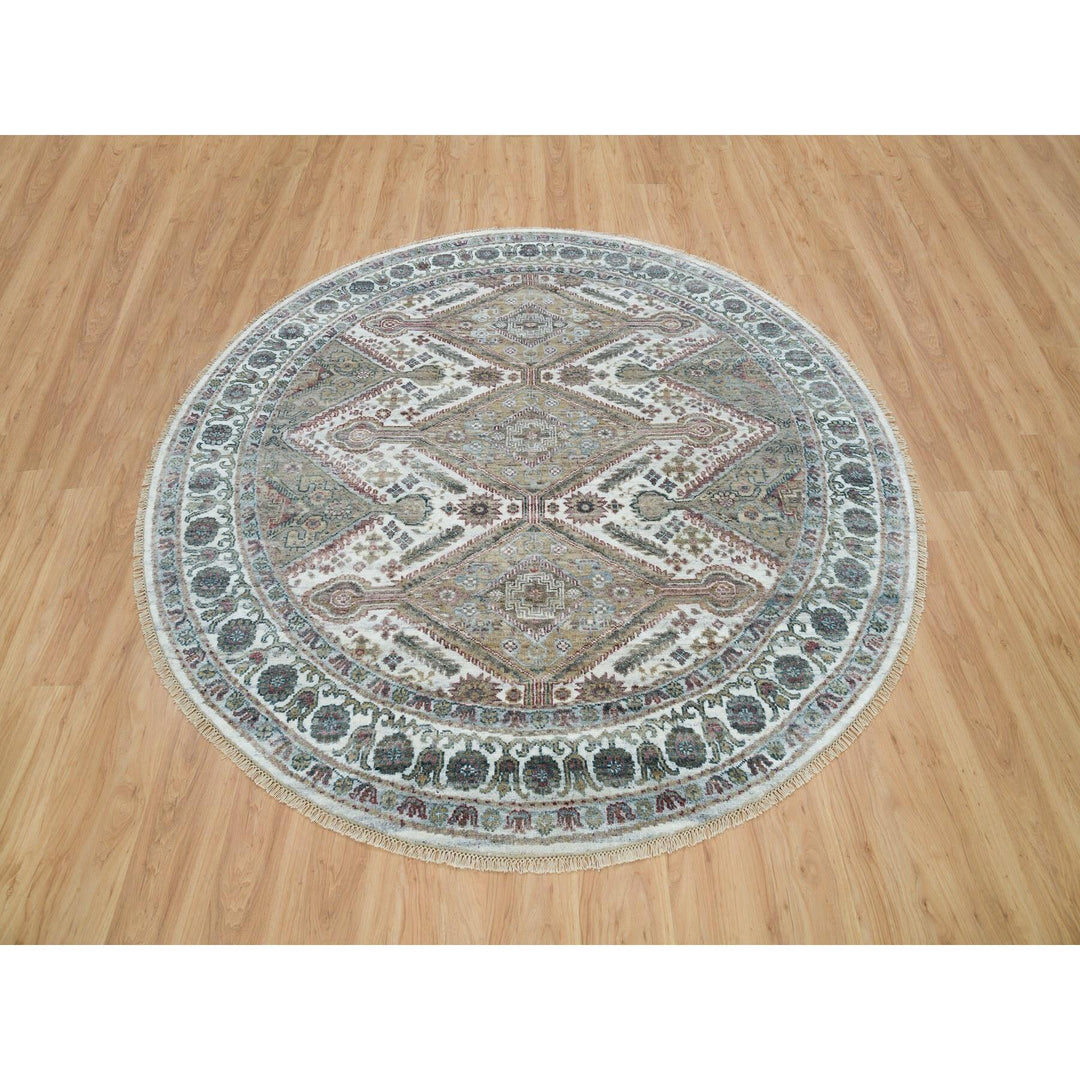 7'11" x 7'11" New Hand Knotted Ivory Wool Round Oriental Rug - MOA10265859