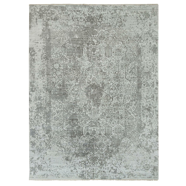 8'11" x 11'11" New Hand Knotted Grey Wool & Silk Rectangle Oriental Rug - MOA10265873