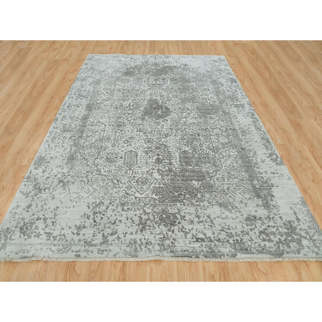 8'11" x 11'11" New Hand Knotted Grey Wool & Silk Rectangle Oriental Rug - MOA10265873