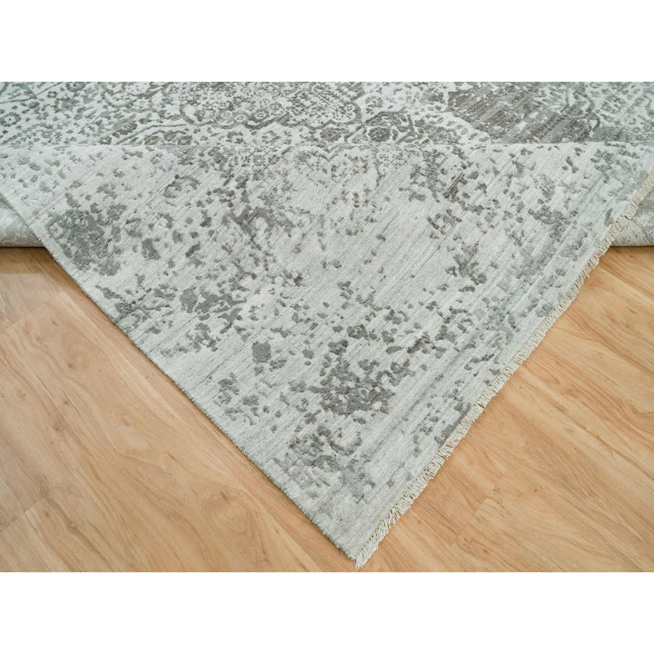 8'11" x 11'11" New Hand Knotted Grey Wool & Silk Rectangle Oriental Rug - MOA10265873