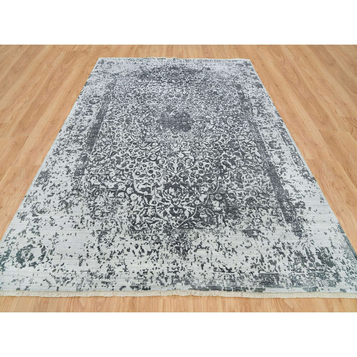 9'0" x 12'2" New Hand Knotted Grey Wool & Silk Rectangle Oriental Rug - MOA10265876