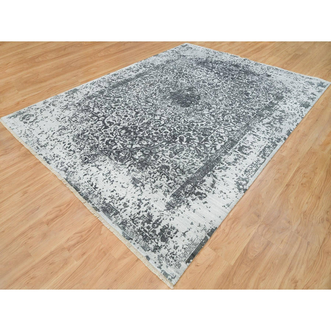 9'0" x 12'2" New Hand Knotted Grey Wool & Silk Rectangle Oriental Rug - MOA10265876