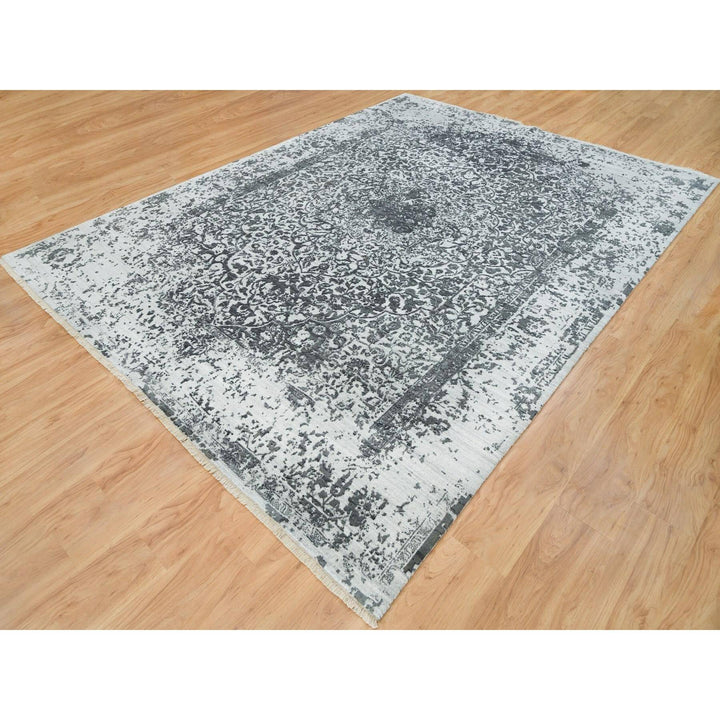 9'0" x 12'2" New Hand Knotted Grey Wool & Silk Rectangle Oriental Rug - MOA10265876