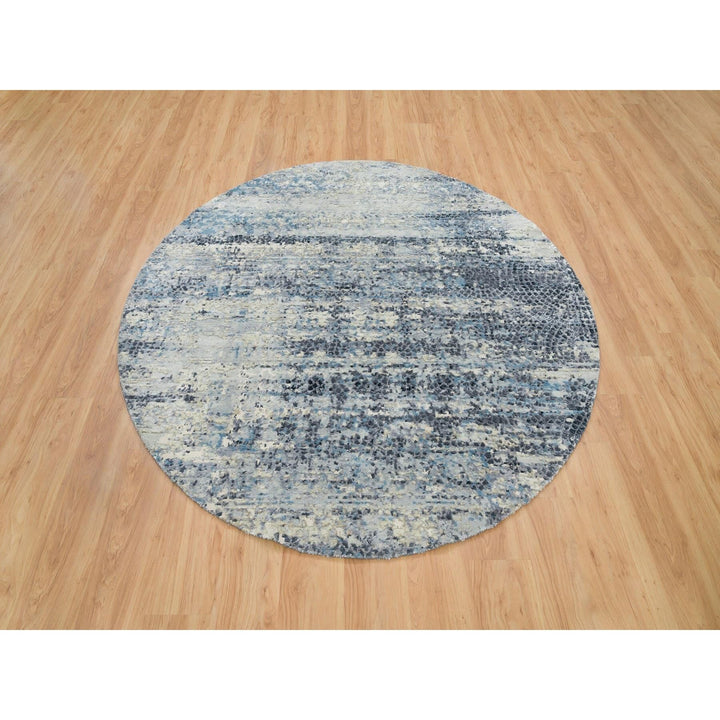 6'11" x 6'11" New Hand Knotted Grey Wool & Silk Round Oriental Rug - MOA10265879