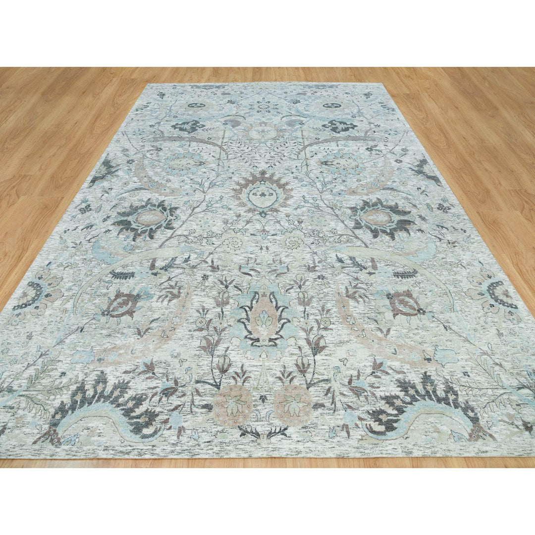 10'0" x 14'1" New Hand Knotted Ivory Wool & Silk Rectangle Oriental Rug - MOA10265898