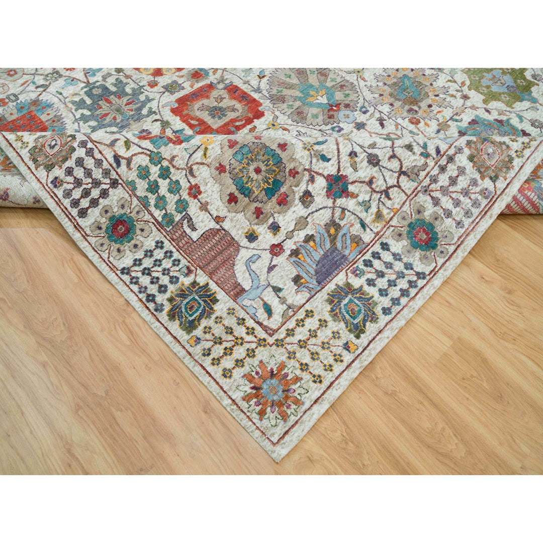 10'1" x 10'2" New Hand Knotted Ivory Wool & Silk Square Oriental Rug - MOA10265899