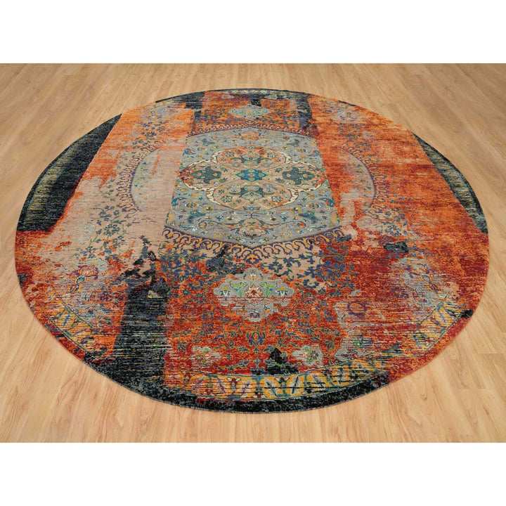 12'1" x 12'1" New Hand Knotted Orange Wool Round Oriental Rug - MOA10265900