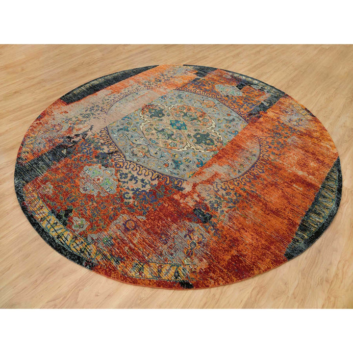 12'1" x 12'1" New Hand Knotted Orange Wool Round Oriental Rug - MOA10265900