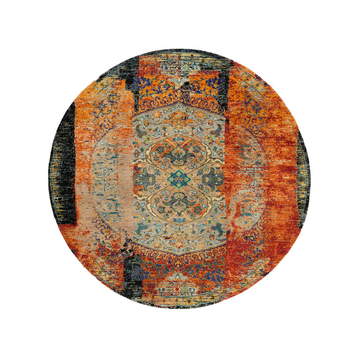 6'1" x 6'1" New Hand Knotted Orange Wool Round Oriental Rug - MOA10265913