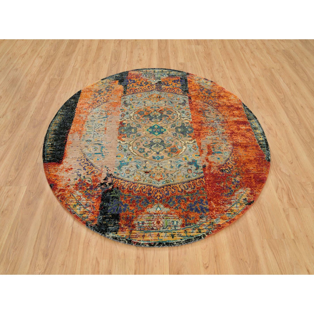 6'1" x 6'1" New Hand Knotted Orange Wool Round Oriental Rug - MOA10265913