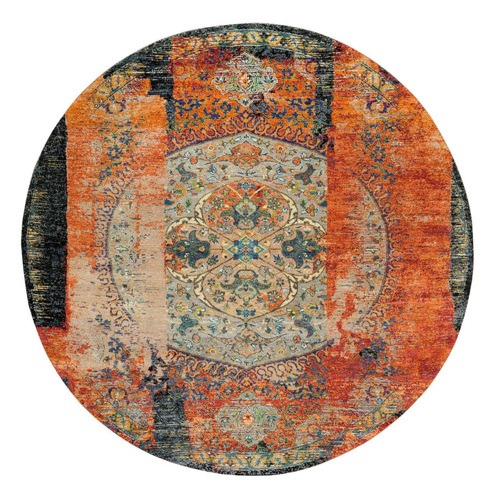 8'1" x 8'1" New Hand Knotted Orange Wool Round Oriental Rug - MOA10265919