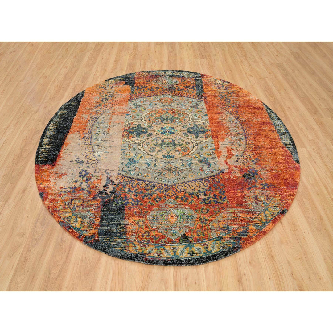 8'1" x 8'1" New Hand Knotted Orange Wool Round Oriental Rug - MOA10265919