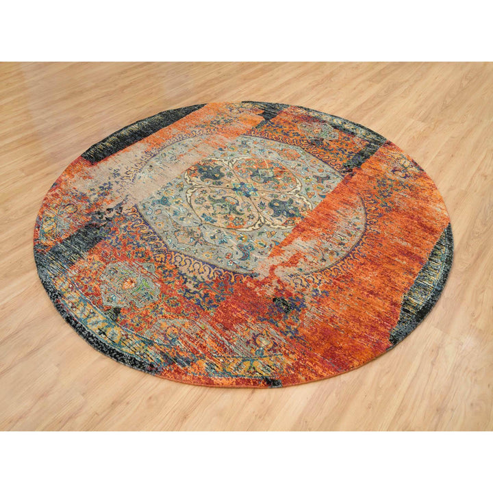 8'1" x 8'1" New Hand Knotted Orange Wool Round Oriental Rug - MOA10265919