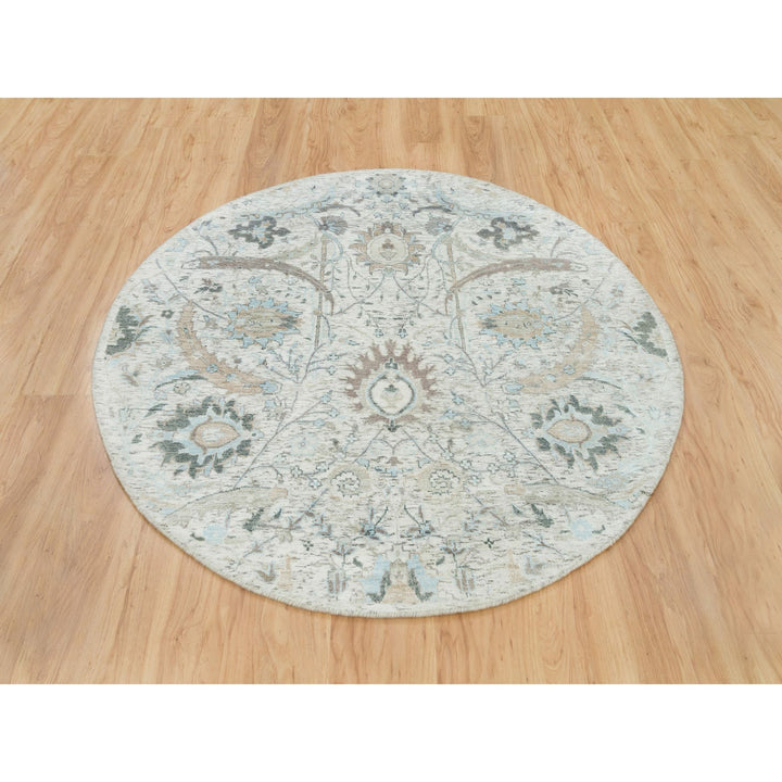 5'0" x 5'0" New Hand Knotted Ivory Wool & Silk Round Oriental Rug - MOA10265934