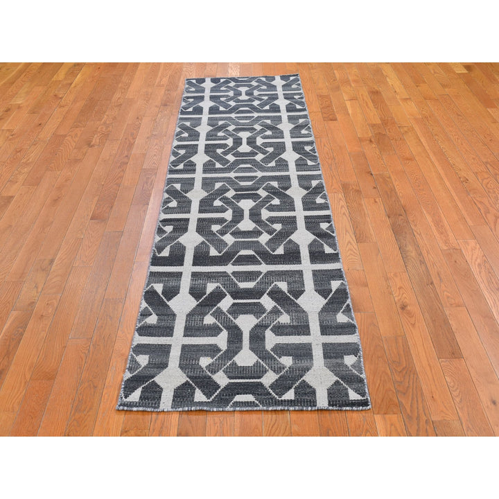 2'7" x 10'0" New Hand Woven Grey Wool Runner Oriental Rug - MOA10266089