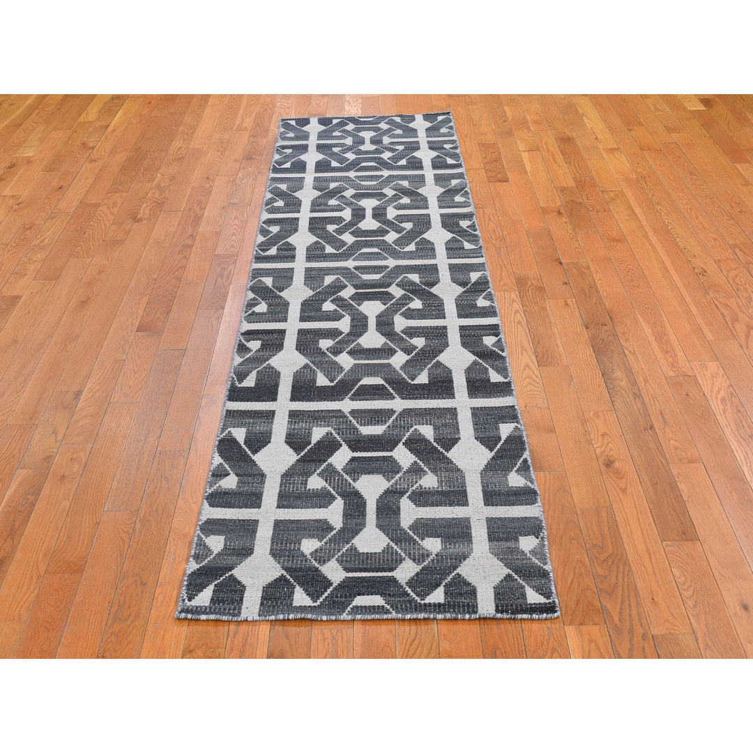 2'7" x 10'0" New Hand Woven Grey Wool Runner Oriental Rug - MOA10266098