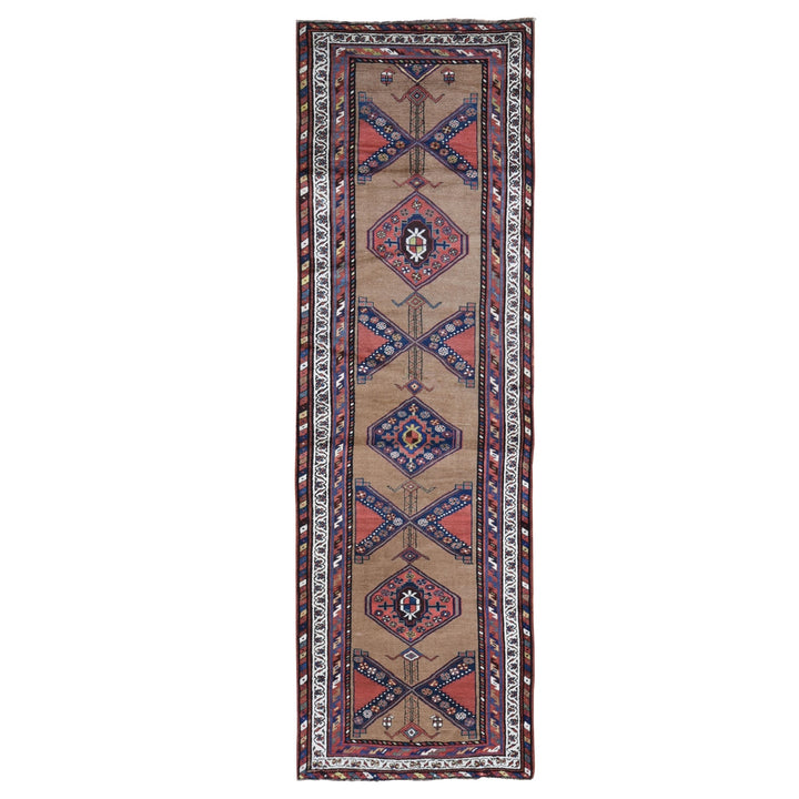 3'9" x 12'2" Vintage Hand Knotted Brown Wool Runner Oriental Rug - MOA10266185