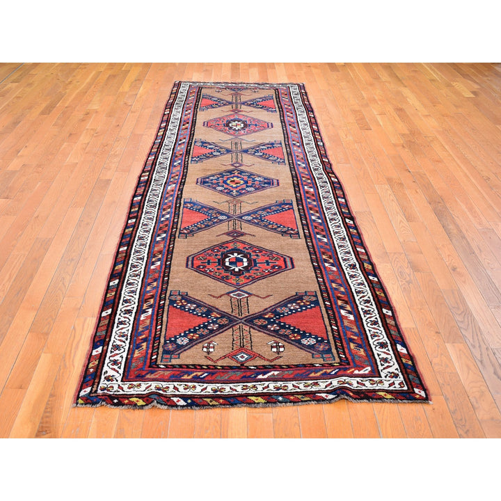 3'9" x 12'2" Vintage Hand Knotted Brown Wool Runner Oriental Rug - MOA10266185