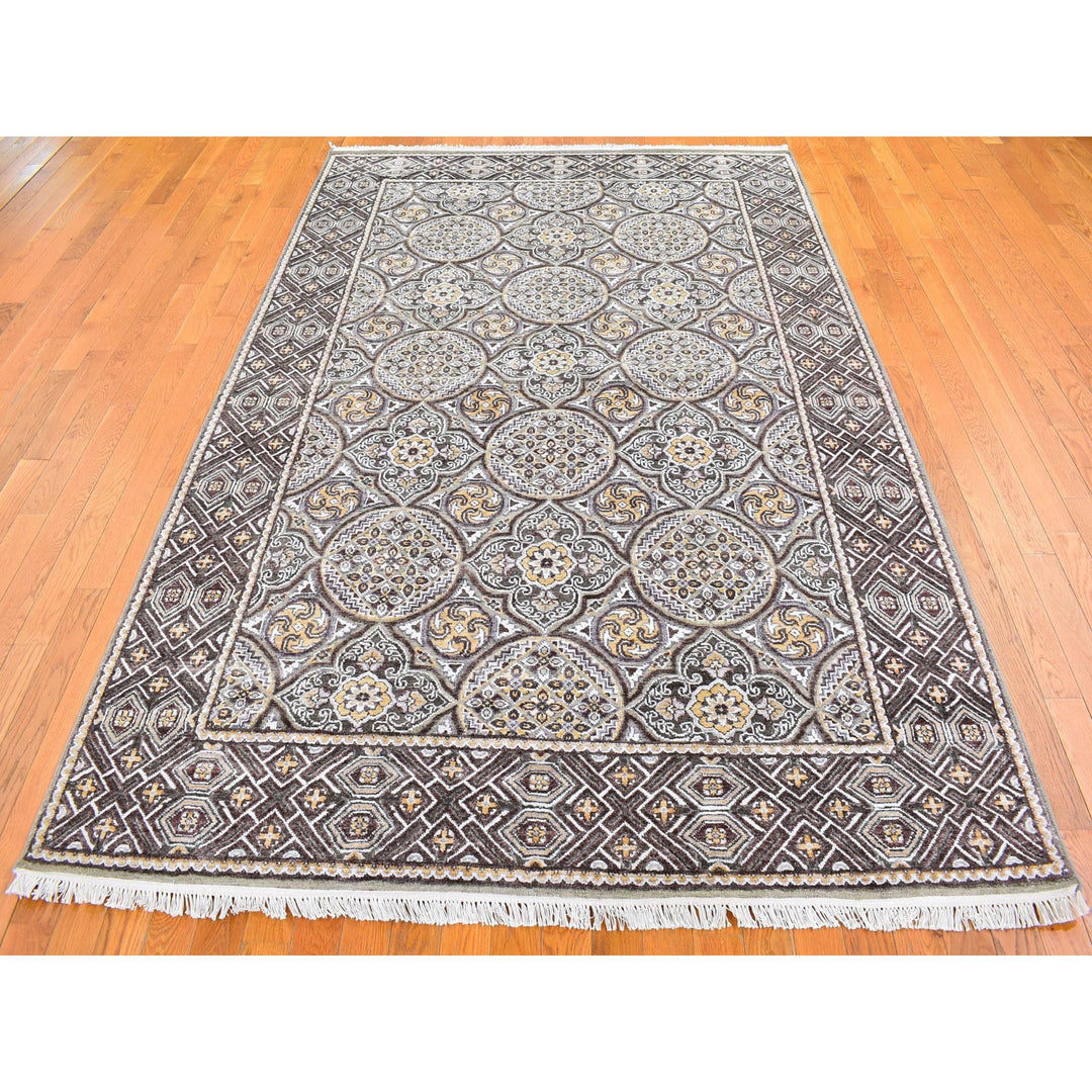 6'2" x 9'3" New Hand Knotted Brown Wool & Silk Rectangle Oriental Rug - MOA10266352